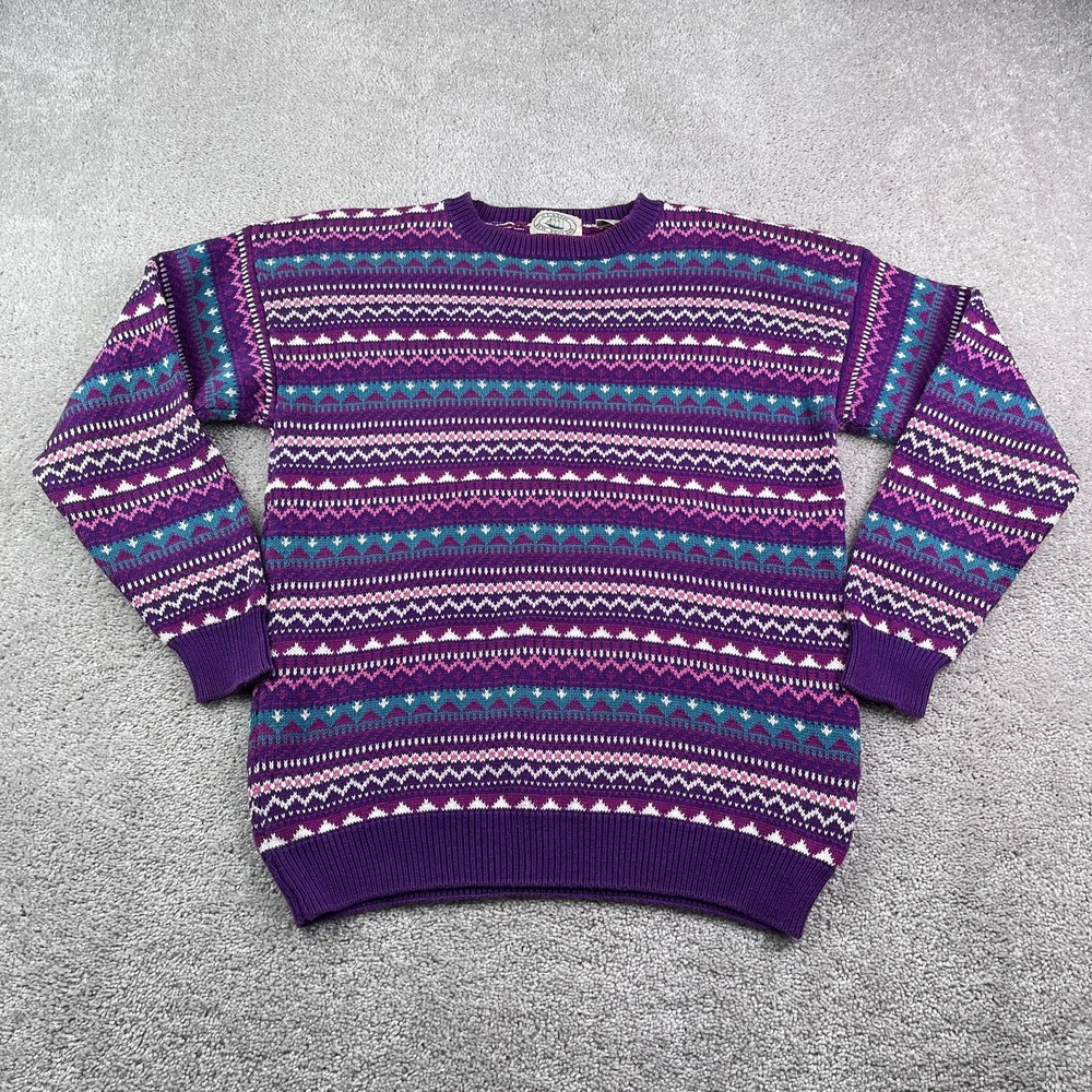 Vintage Classic New England Sweater Mens Medium Purple Fair Isle Nordic Cotton
